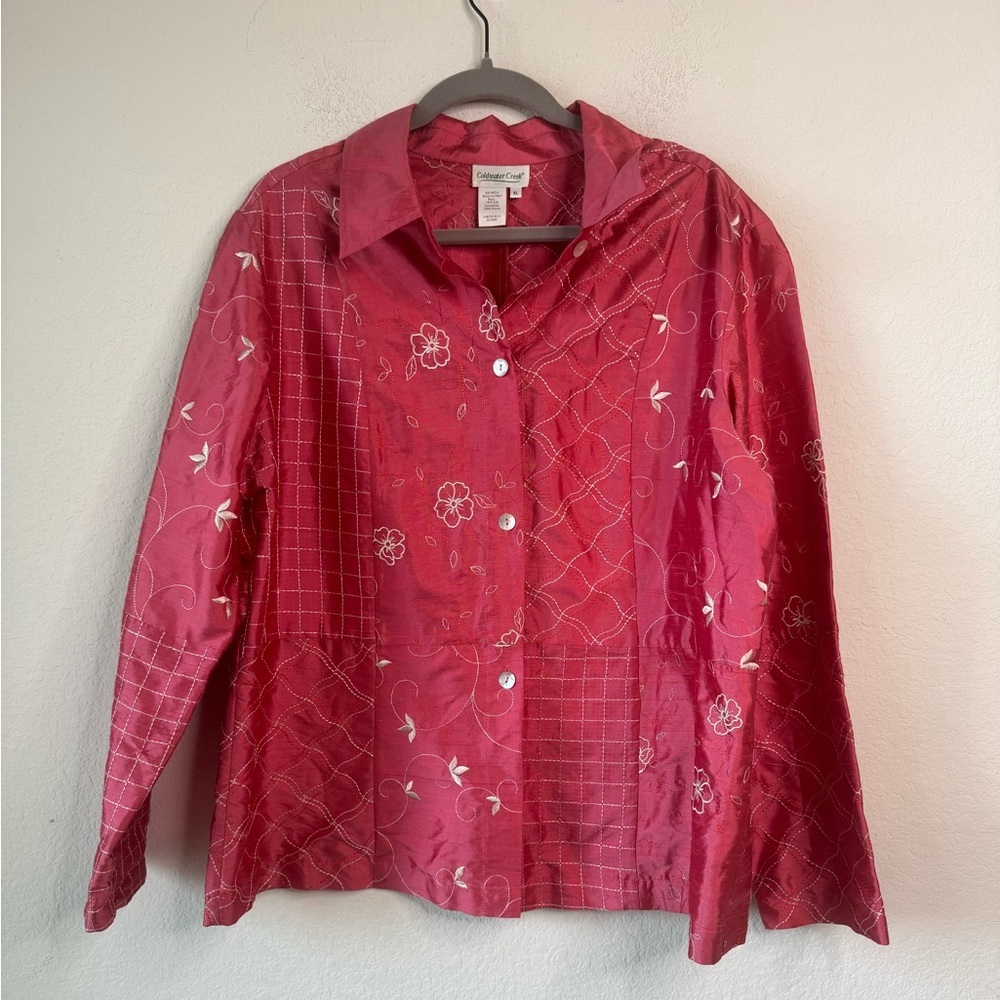 Coldwater Creek 100% Silk Red Floral Embroidered ButtonUp Shirt Women’s XL Artsy